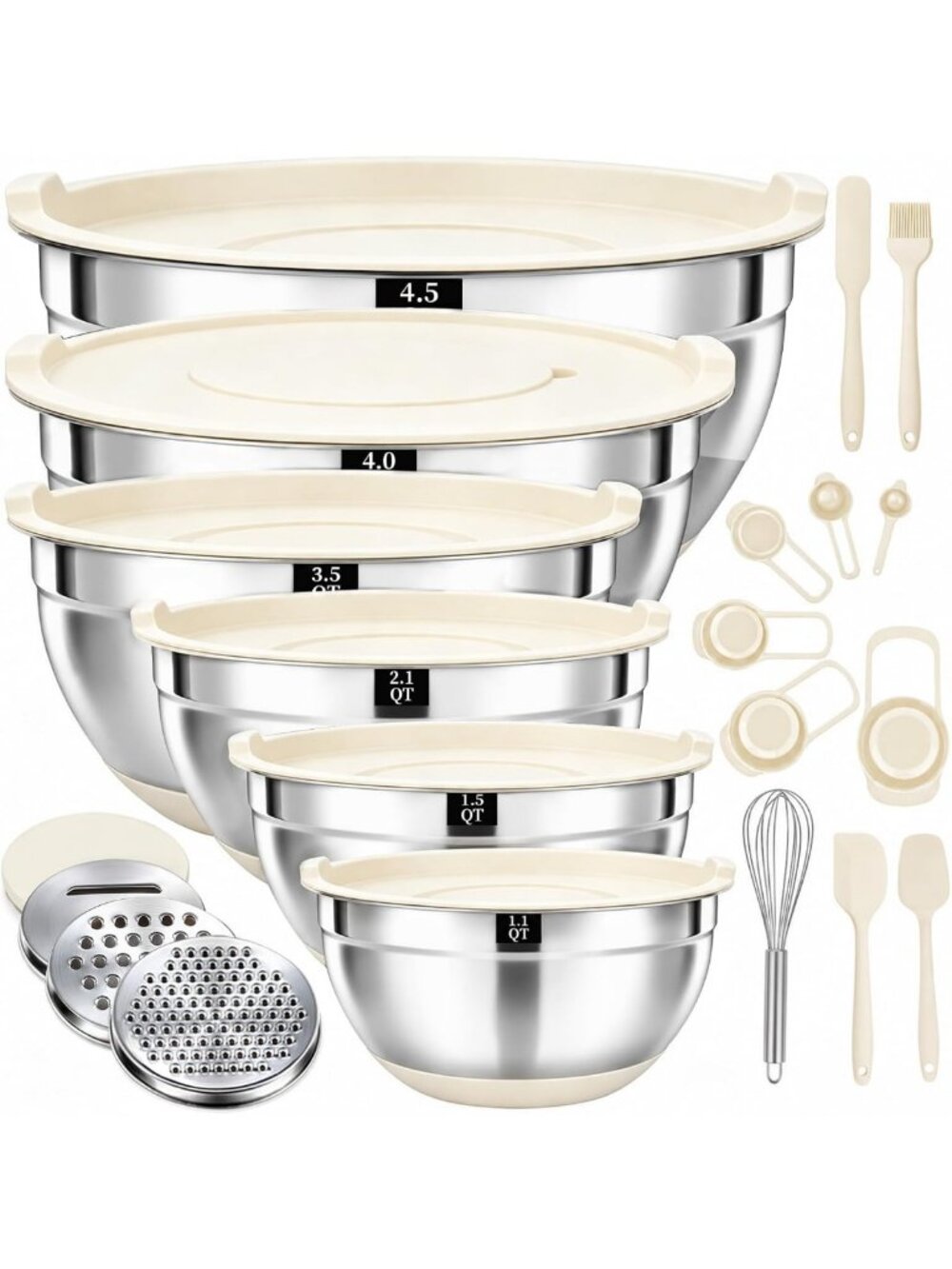 21 PCS Khaki Mixing Bowls Set with Lids - Stainless Steel, Non-Slip, Grater